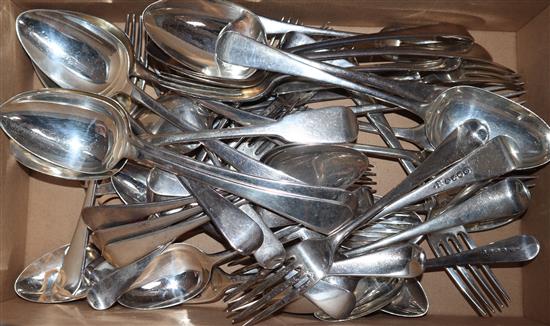 A harlequin set of George III and later silver Old English pattern cutlery, consisting 12 table forks, 12 dessert forks, 11 tablespoons